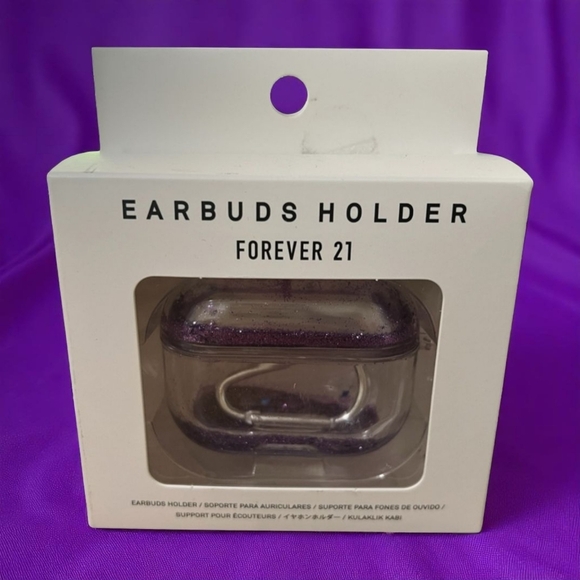 NEW!! EARBUDS HOLDER CLEAR CASE WITH GLITTER PURPLE - FOREVER 21 Size: One size - Picture 1 of 5